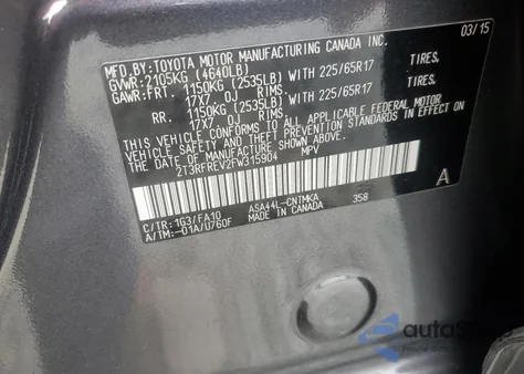 2015 Toyota Rav4 Xle z USA, uszkodzony, nr VIN 2T3RFREV2FW315904